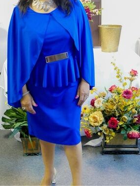 Elegant Royal Blue Peplum Dress with Gold Accent Belt